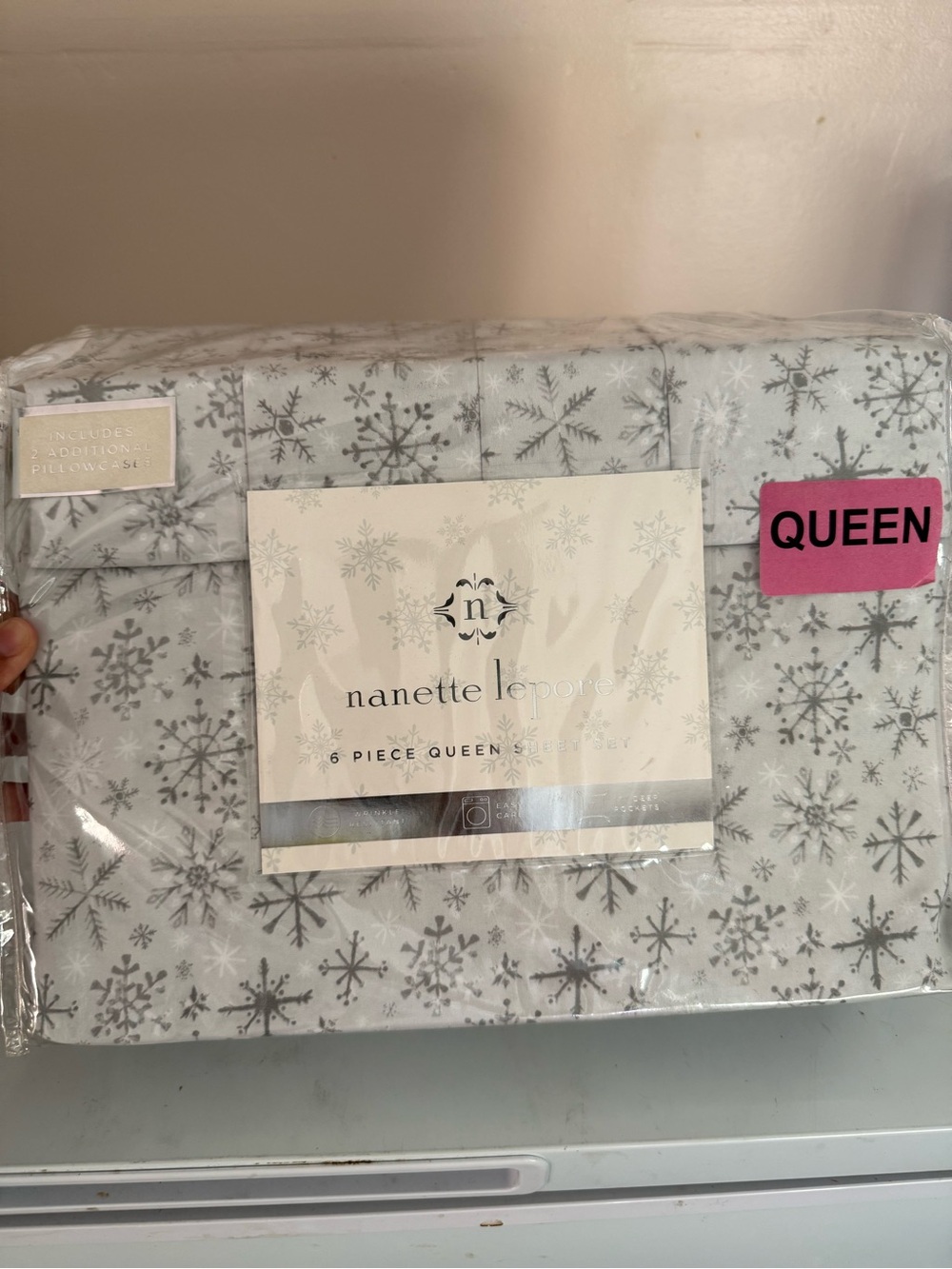 Nanette Lepore White and Silver Snowflake Queen Sheet Set